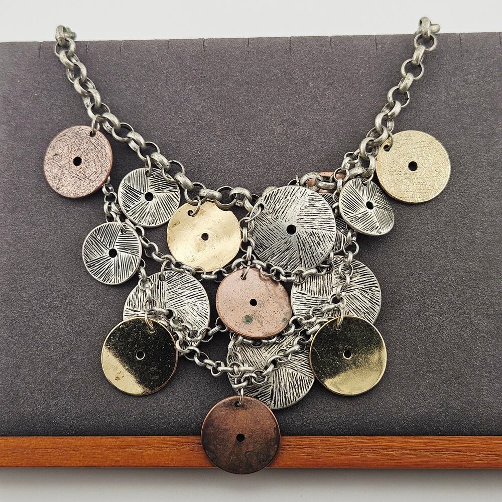 Metallic Layered Medallion Coin Necklace Statement Bauble Dangle Drop Artsy Boho